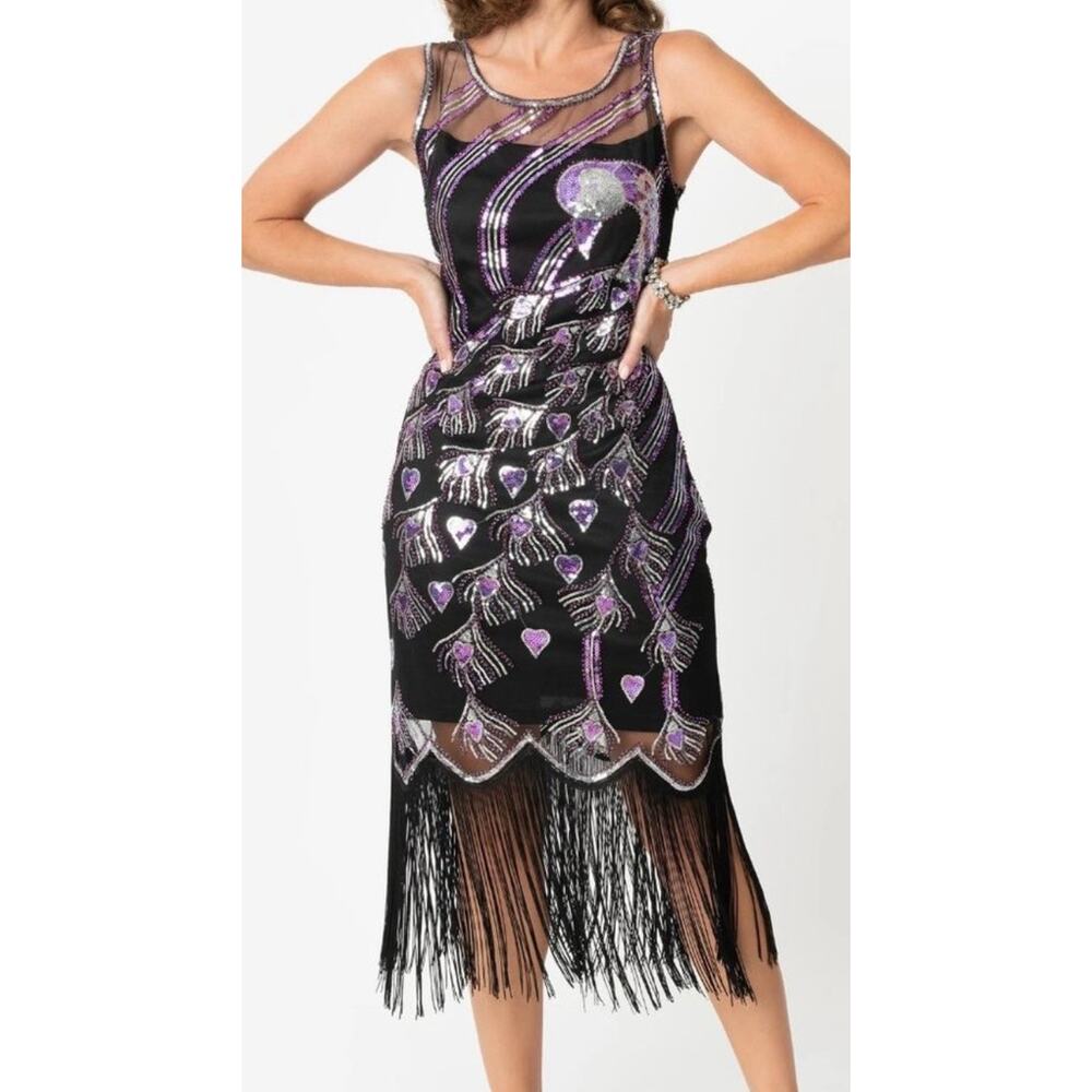 Unique Vintage 1920’s Black Purple Antoinette Peacock Flapper Dress XL 14 NWOT